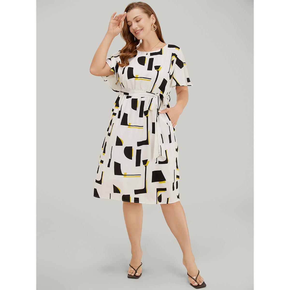 Plus Size Geometric Print Pocket Belt Flutter Sleeve Dress Black Women Elegant Contrast Round Neck Short sleeve Curvy Knee Dress BloomChic 28/5X Product Image