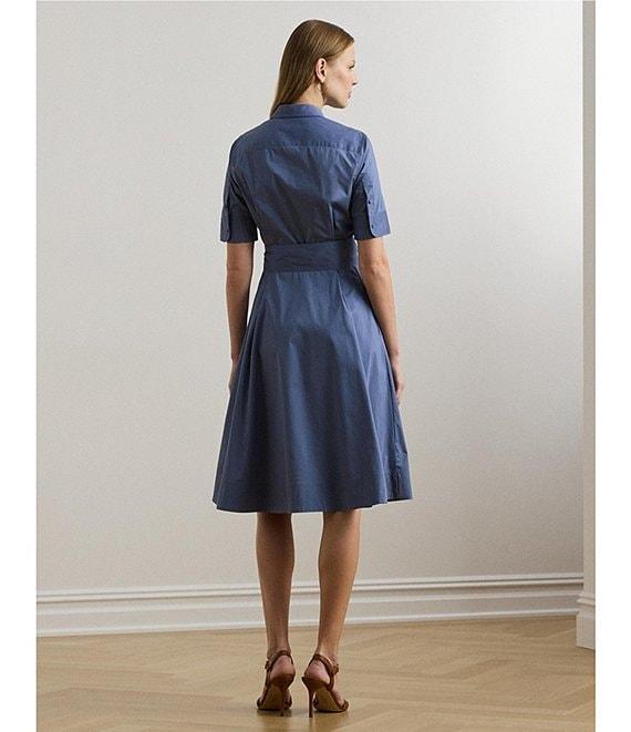 Lauren Ralph Lauren Stretch Cotton Blend Point Collar Elbow Length Sleeve Button Front Shirt Dress Product Image