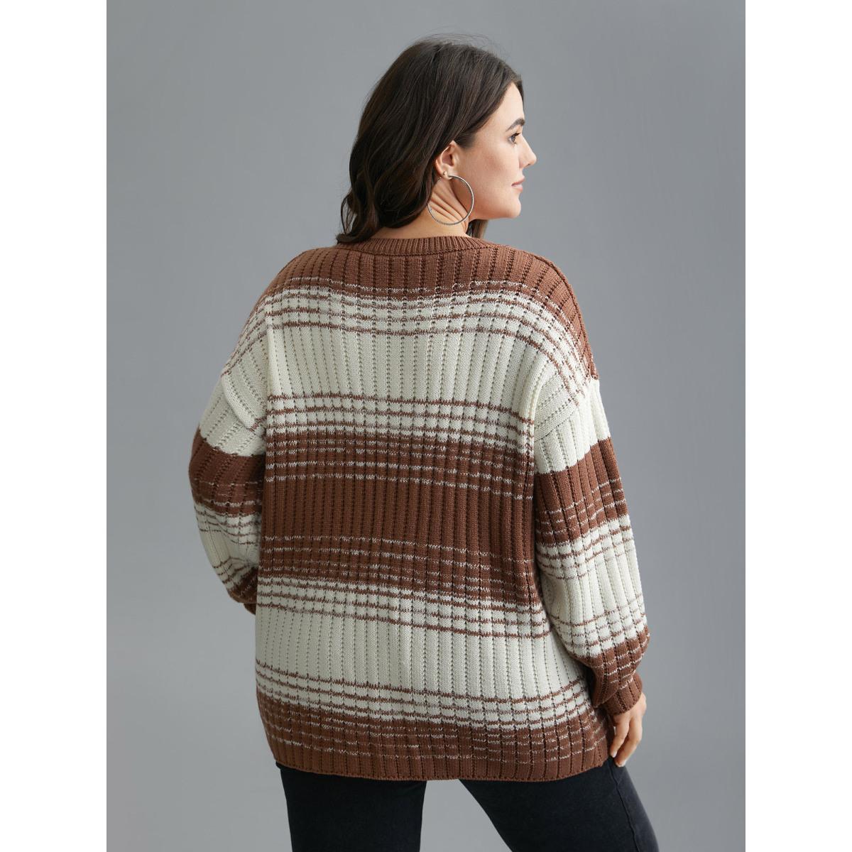 Plus Size Contrast Textured Crew Neck Pullover Browncoffeecolor Women Casual Loose Long Sleeve Round Neck Everyday Pullovers BloomChic 22-24/3X Product Image