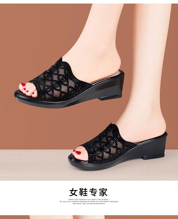 Rhinestone Eye Mesh Wedge Slide Sandals Product Image