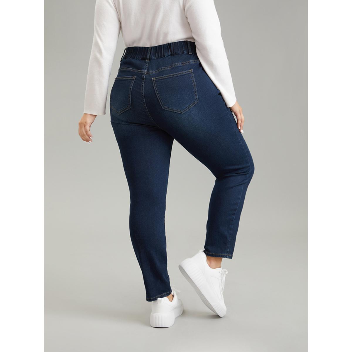 Plus Size Skinny Plain Elastic Waist Dark Wash Jeans Women Indigo Casual Plain Plain High stretch Pocket Jeans BloomChic 22/3X Product Image