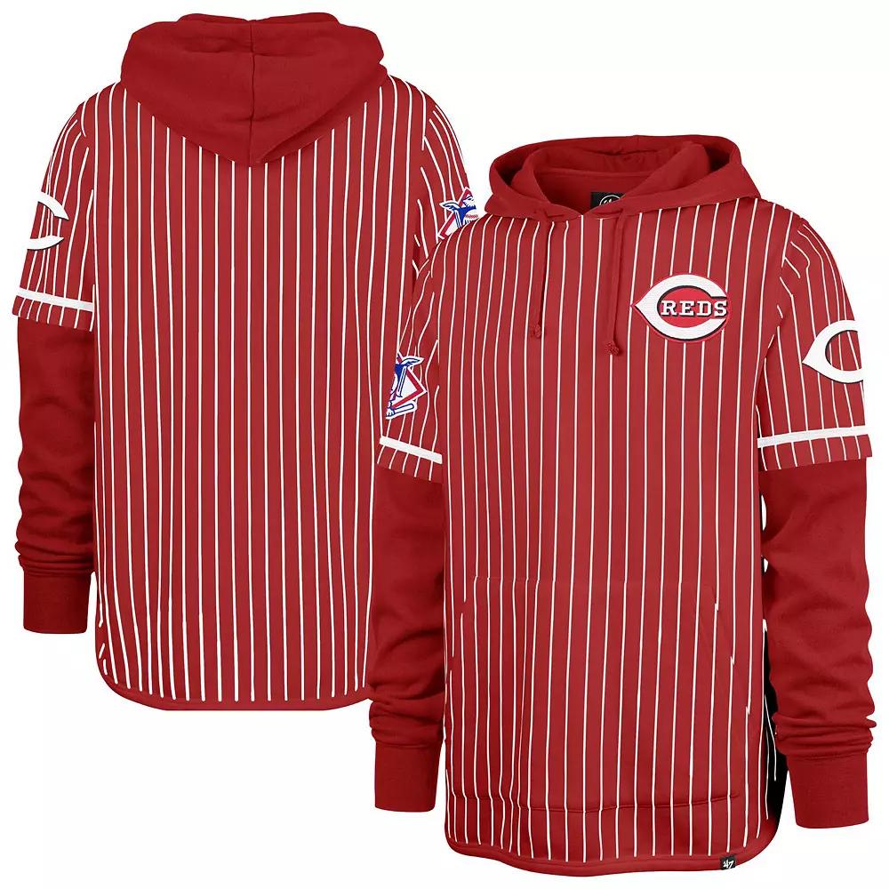 Men's '47 Red Cincinnati Reds Pinstripe Double Header Pullover Hoodie,  Product Image