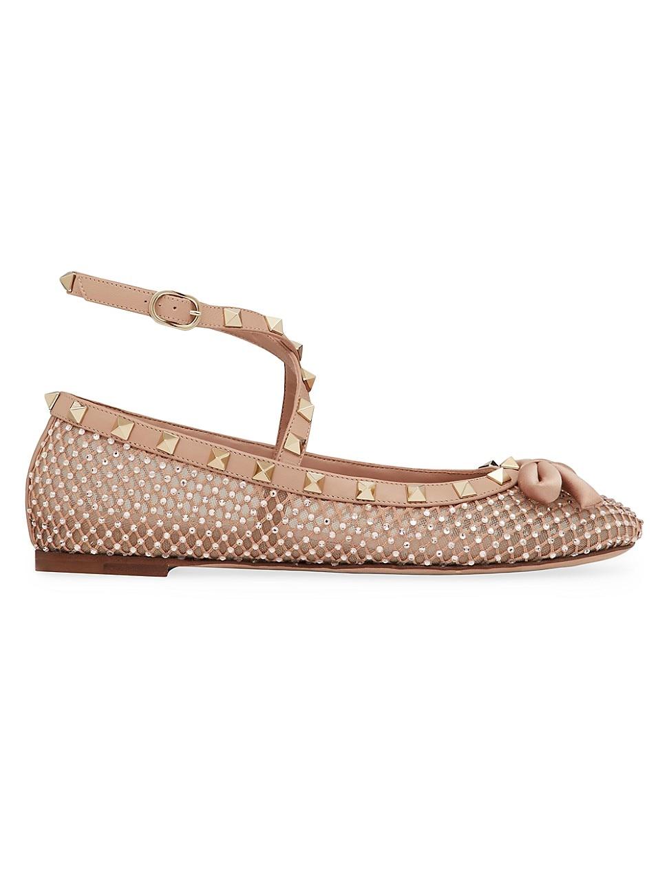 Womens Rockstud Mesh Ballerina Flats With Crystals Product Image
