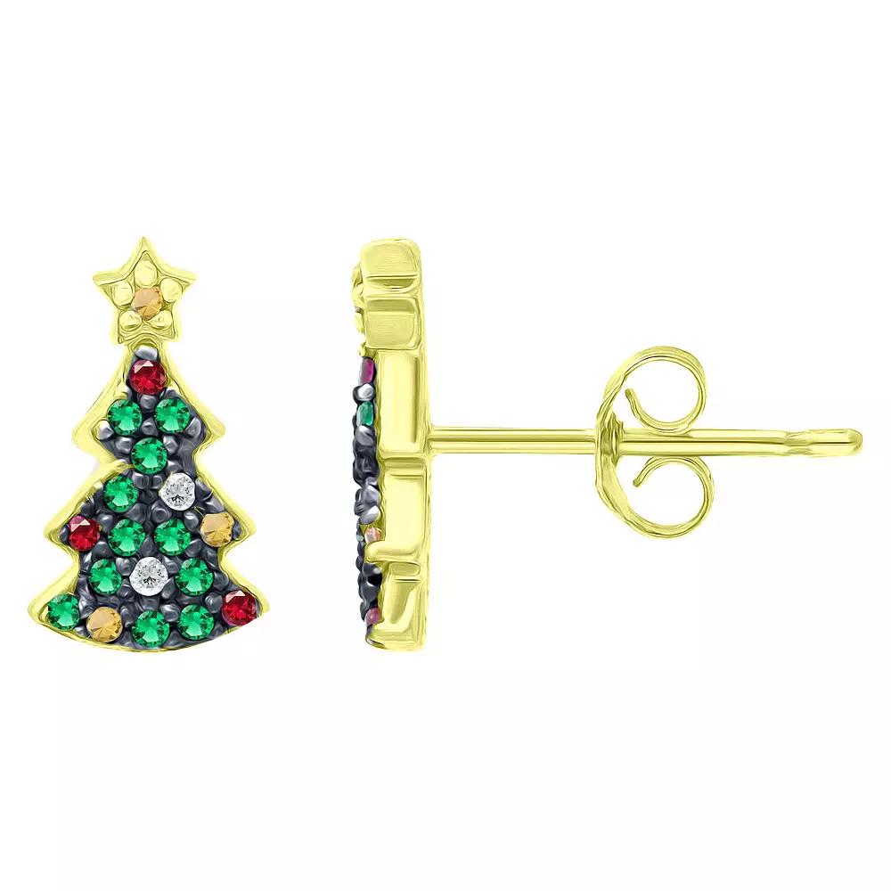Aleure Precioso Sterling Silver Cubic Zirconia Christmas Tree Stud Earrings, Women's, Gold Tone Green Product Image