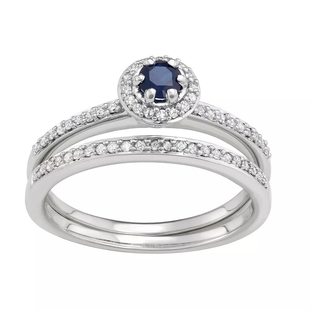 10k White Gold 1/3 Carat T.W. Diamond & Gemstone Halo Engagement Ring Set, Women's, Size: 8, Blue Blue Product Image