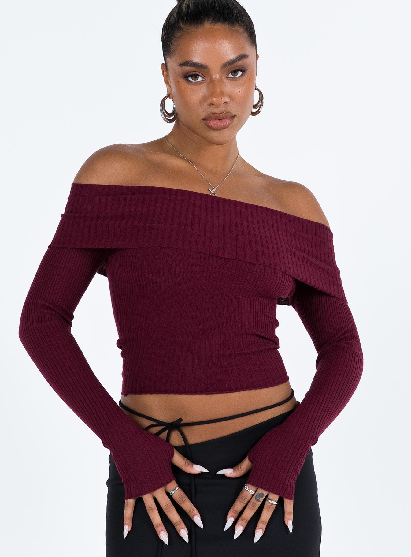 Morley Off Shoulder Sweater Burgundy Product Image