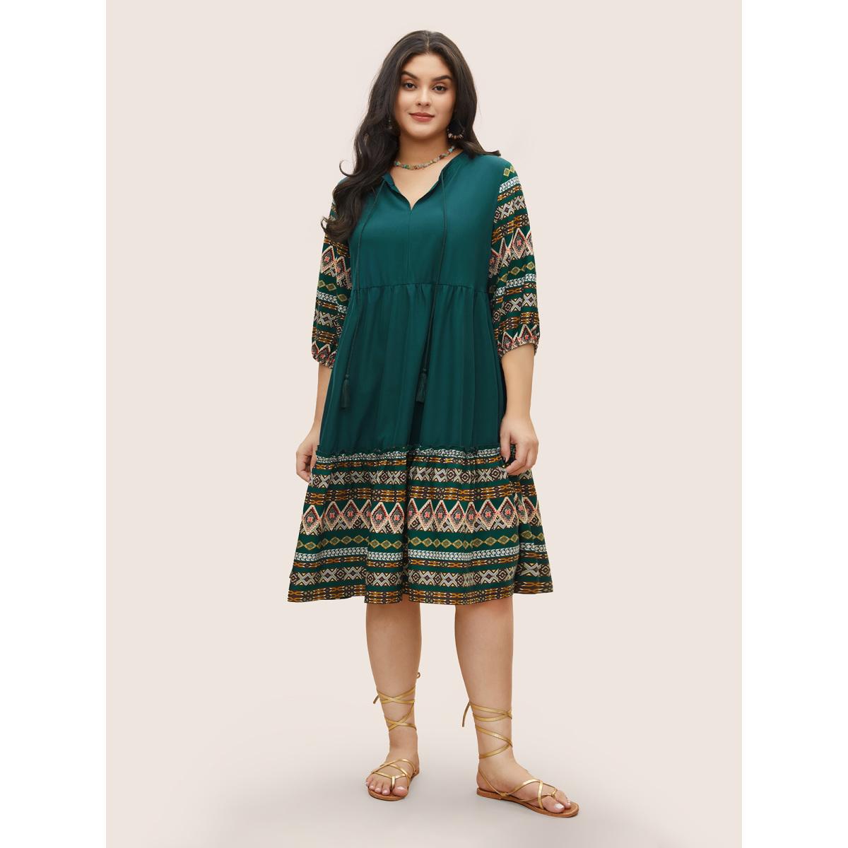 Plus Size Bandana Patchwork Knot Neck Tassel Trim Dress Green Women Resort Non V-neck Elbow-length sleeve Curvy Midi Dress BloomChic 22-24/3X Product Image