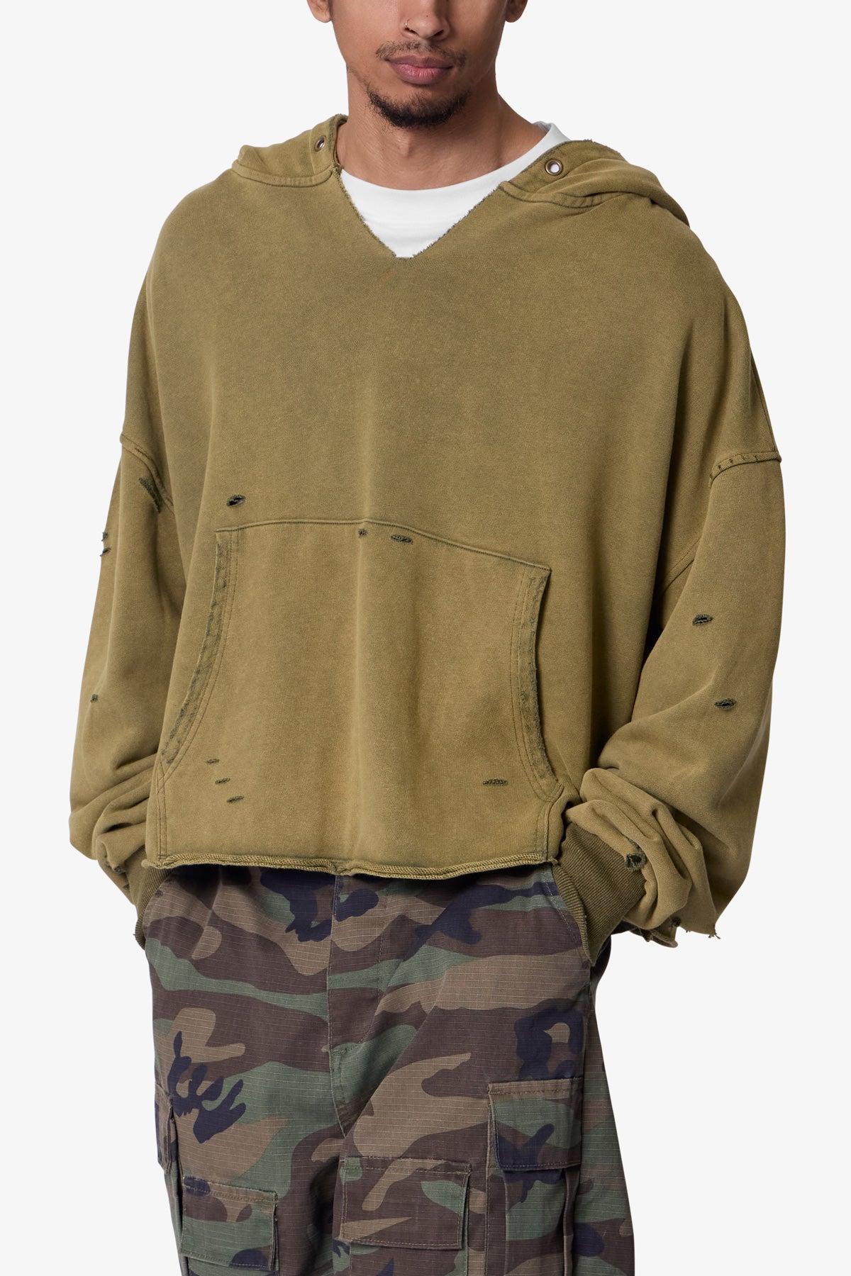 Destroyed V Neck Hoodie - Washed Olive Product Image