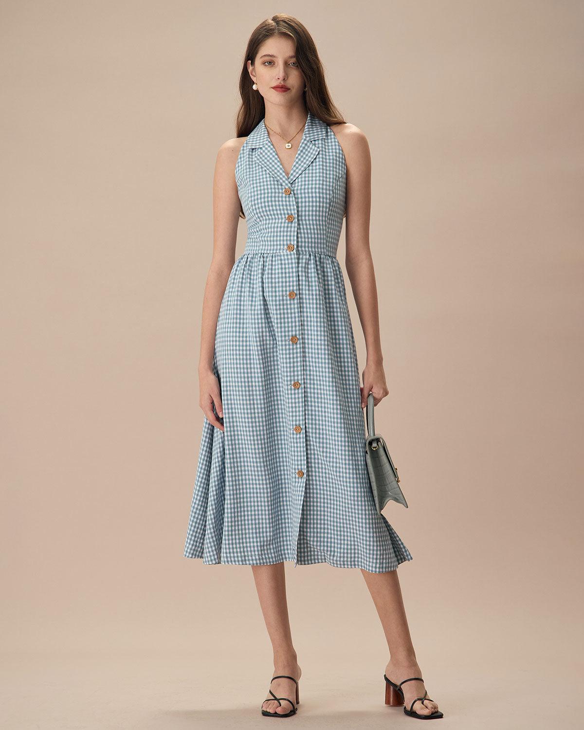 The Blue Lapel Plaid Sleeveless Shirt Midi Dress Product Image