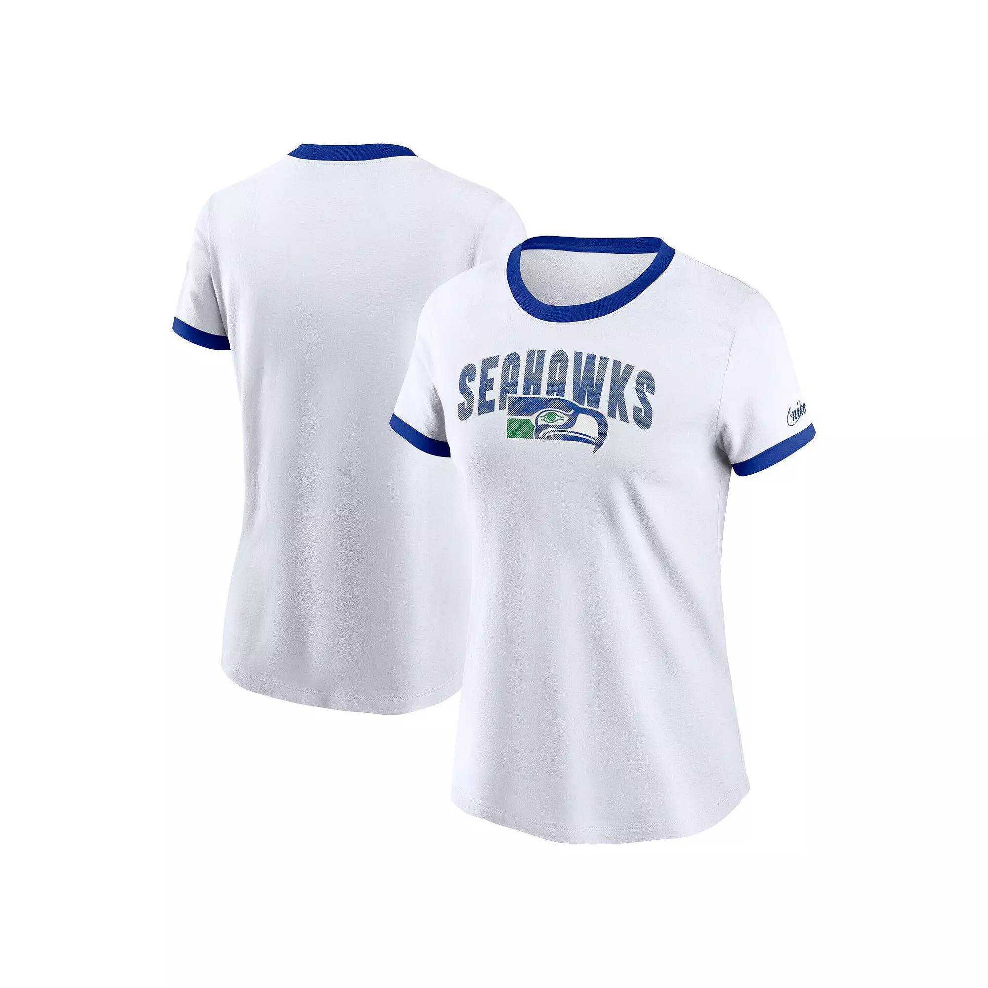 Women's Nike White Seattle Seahawks Rewind Ringer Distressed Tri-Blend T-Shirt, Size: XS Product Image