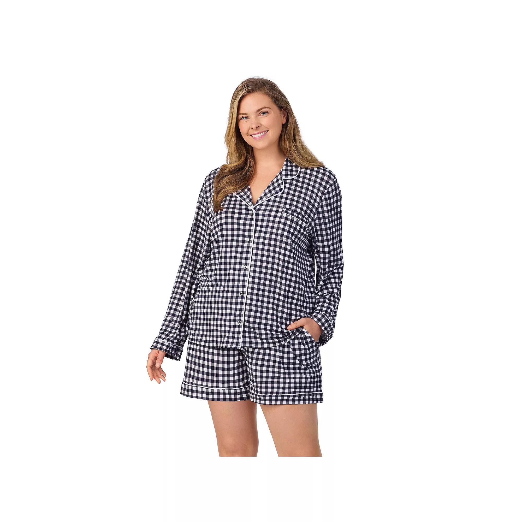 Plus Size Draper James Long Sleeve Button Front Pajama Shirt & Pajama Short Set, Women's, Size: 2XL, Blue Gingham Product Image