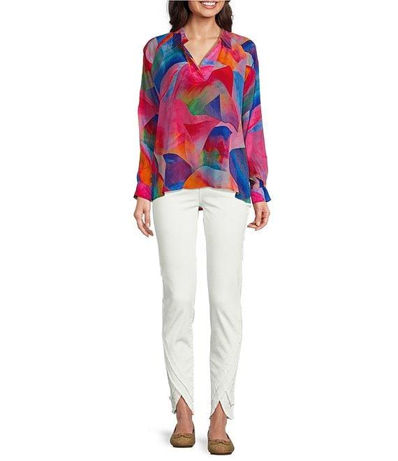 APNY Vibrant Print Half Placket Notch Collar Long Sleeve Blouse Product Image