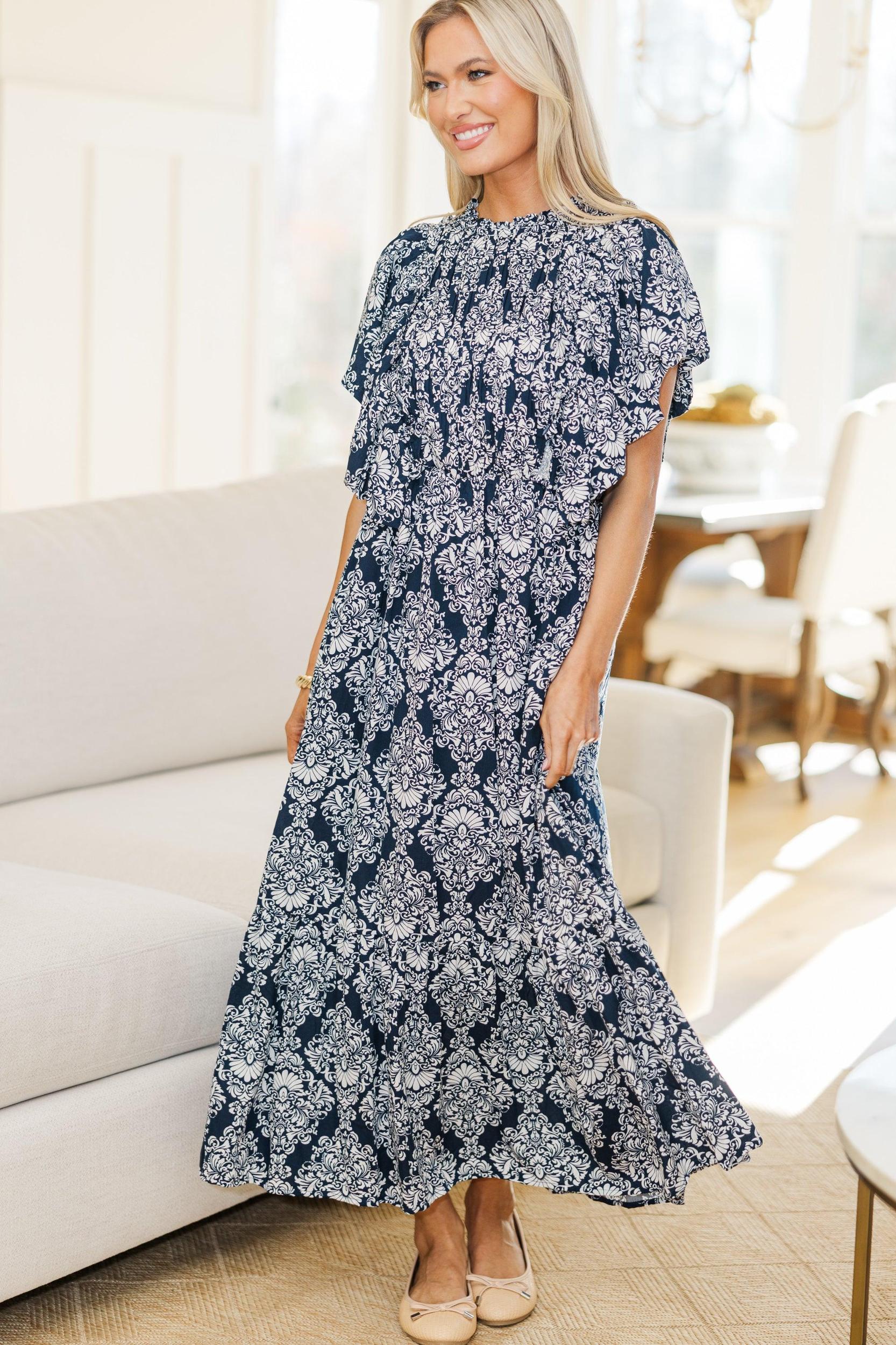 NURSING COLLECTION: All The Good Navy Damask Ruffled Midi Dress Female Product Image