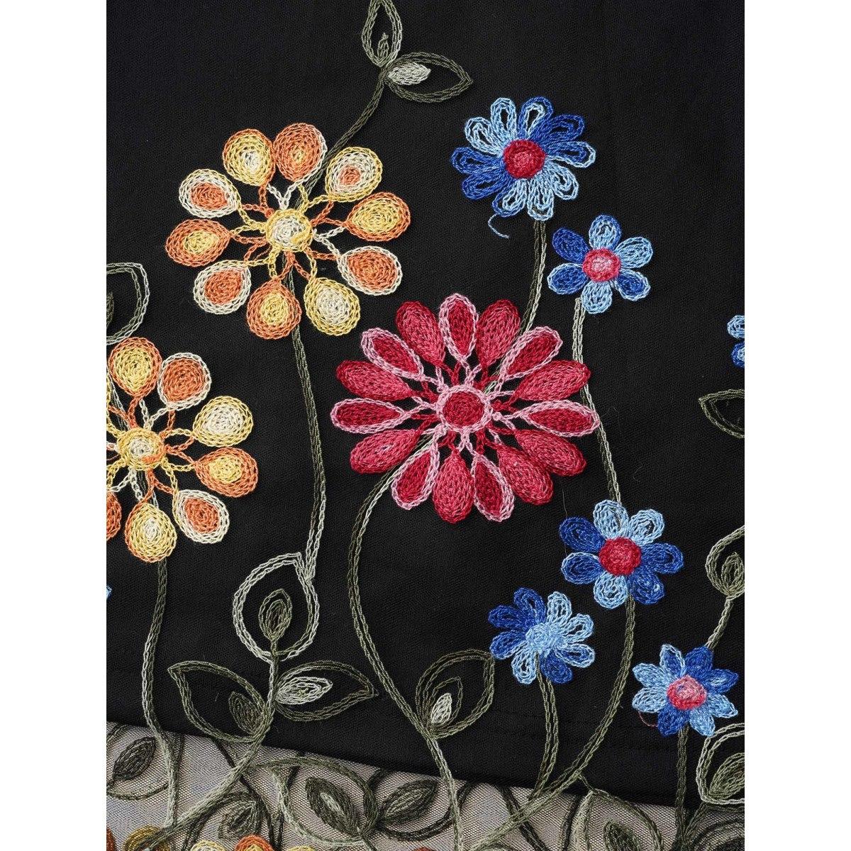 Plus Size Floral Embroidered Hem Stretchy-Waist Pockets Midi Dress BlackFlower Women Elegant See through V-neck Short sleeve Curvy BloomChic 22-24/3X Product Image