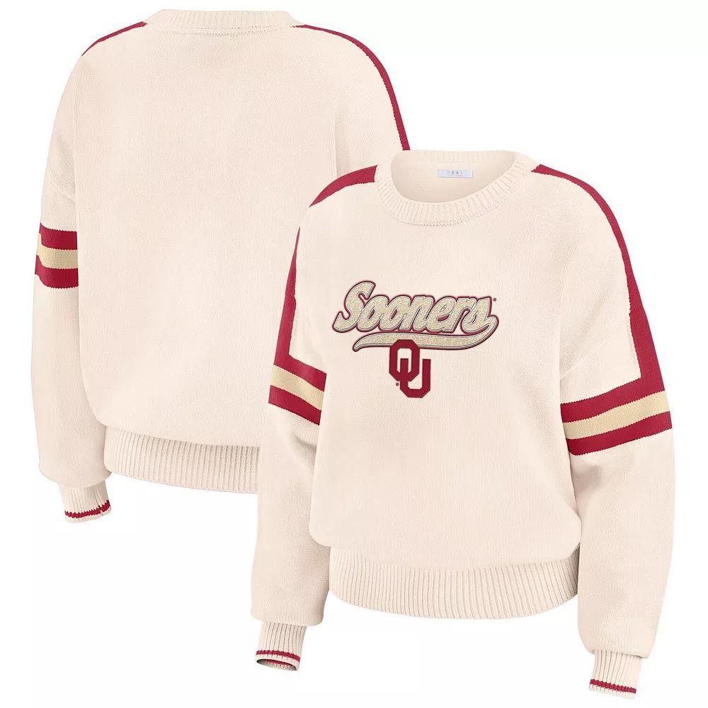 Women's WEAR by Erin Andrews Cream Oklahoma Sooners Chenille Woven Patch Stripe Pullover Sweater,  Product Image