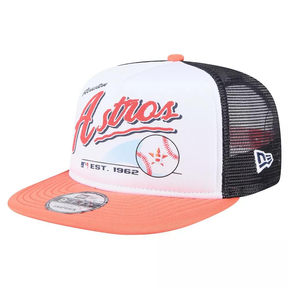 Men's New Era White/Orange Houston Astros Retro Script Trucker 9FIFTY Snapback Hat Product Image