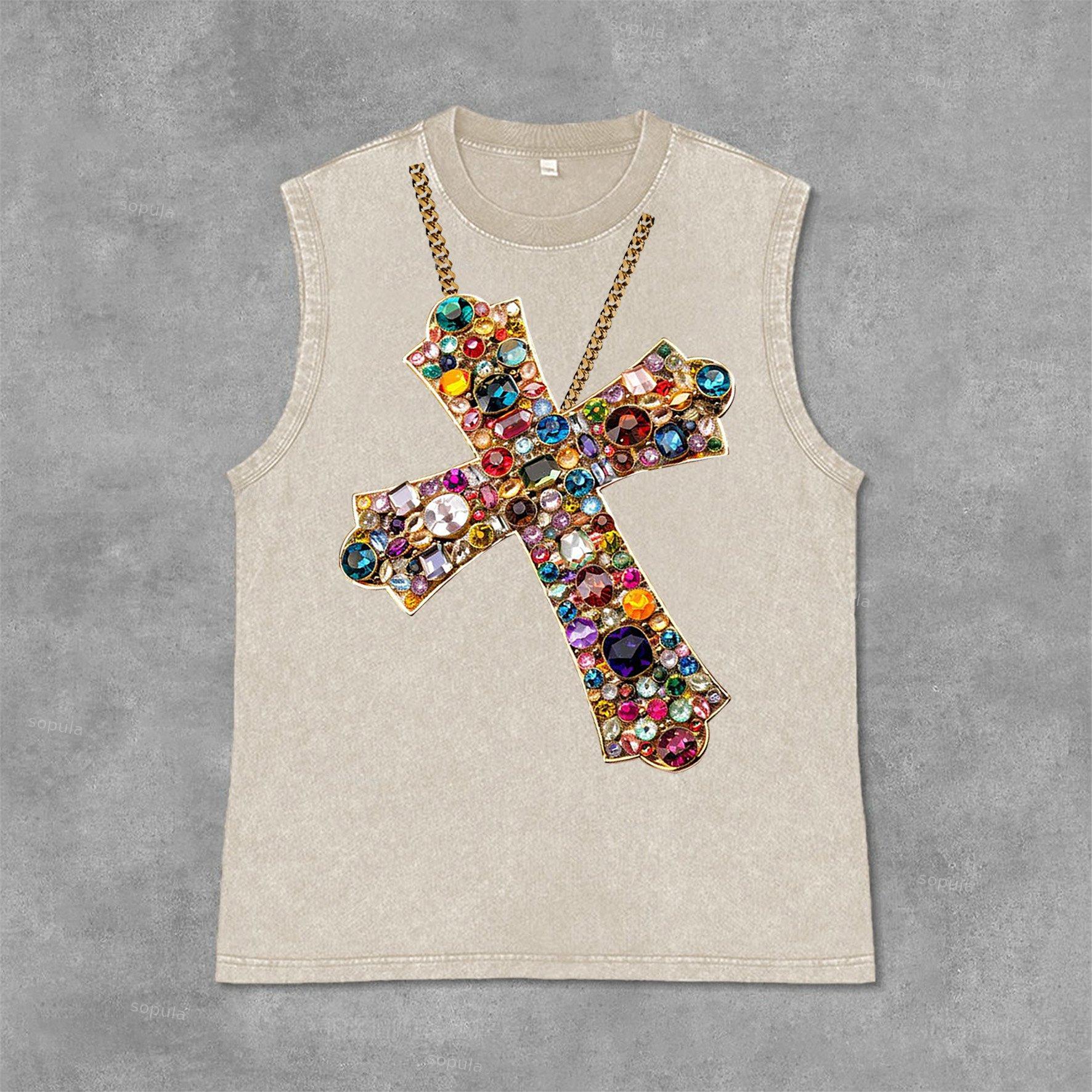 Diamond Cross Graphic Print Acid Washed Sleeveless Tank Top Product Image