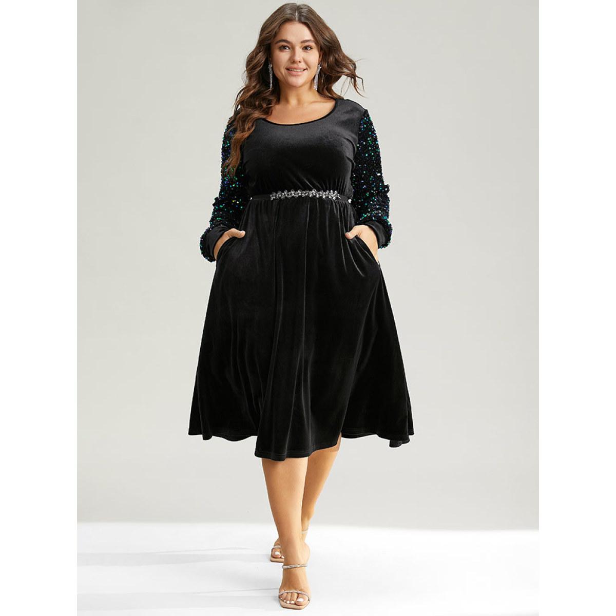 Plus Size Velvet Patchwork Sequin Elastic Waist Dress Black Women Party Velvet Scoop Neck Long Sleeve Curvy Midi Dress BloomChic 22-24/3X Product Image