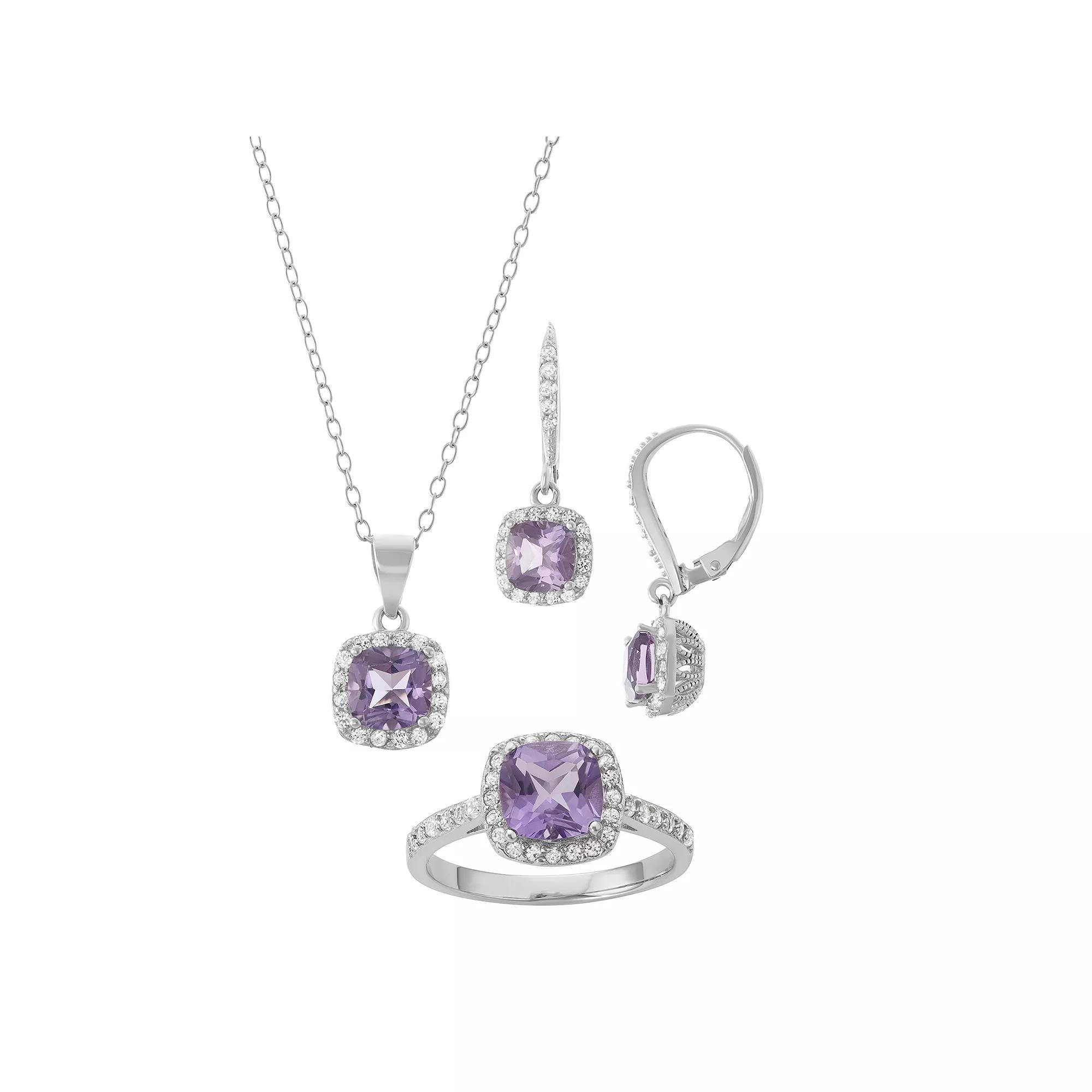 Sterling Silver Amethyst & Lab-Created White Sapphire Halo Jewelry Set, Women's, Size: 7 Product Image