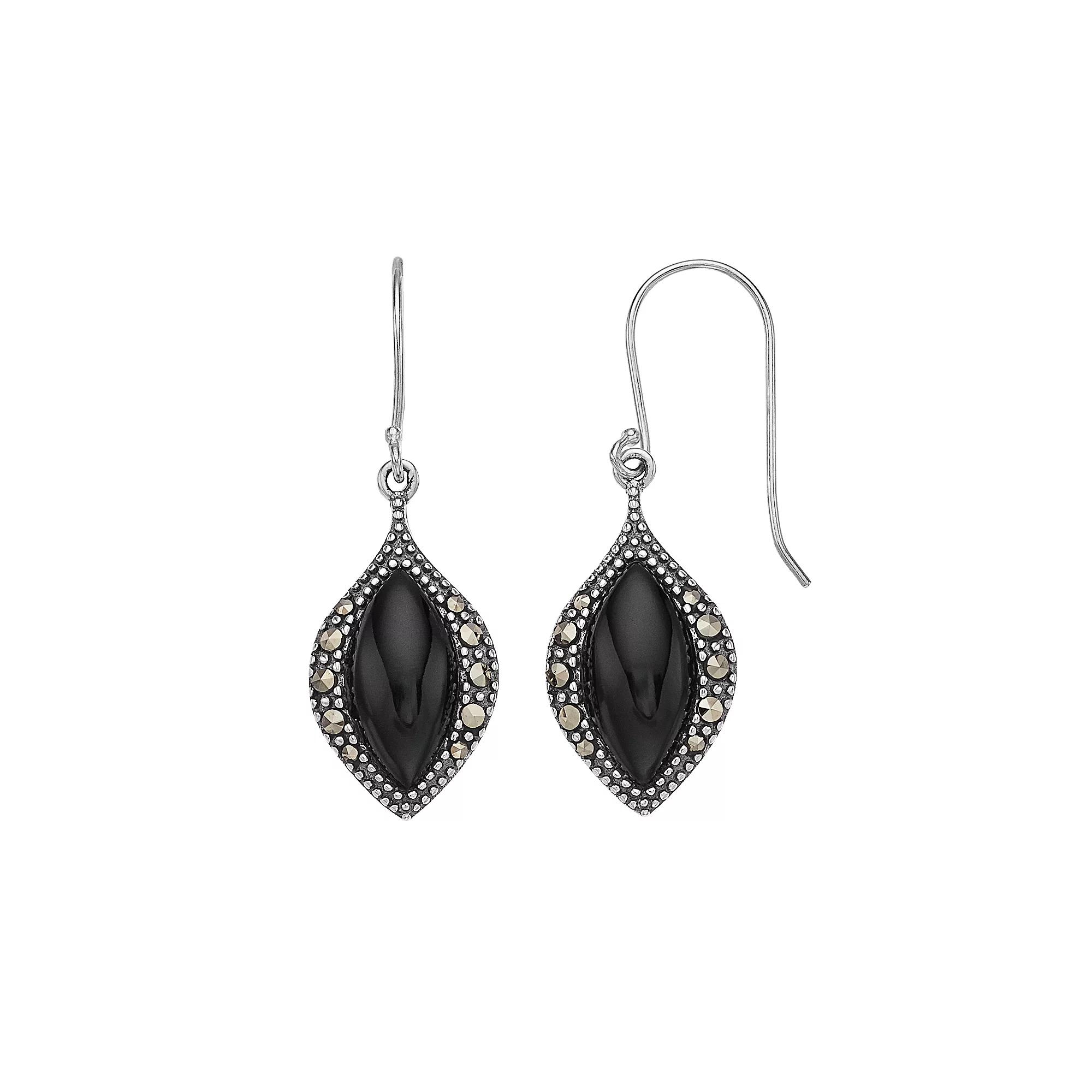 Tori Hill Sterling Silver Onyx & Marcasite Marquise Dangle Earrings, Women's Product Image