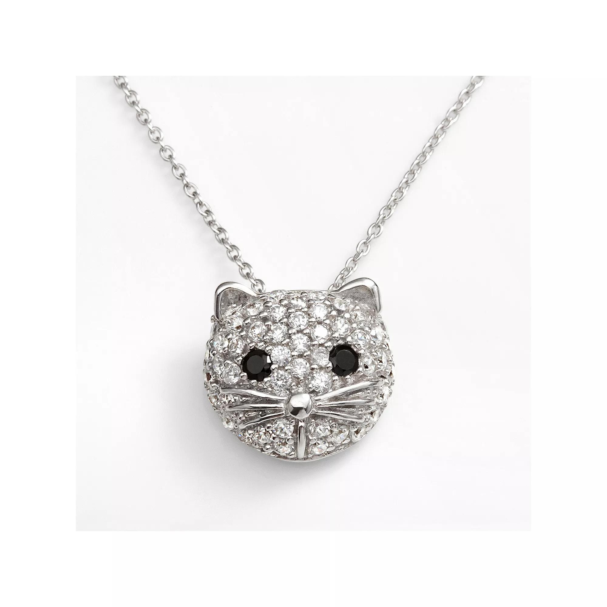 Sophie Miller Sterling Silver Black & White Cubic Zirconia Cat Pendant, Women's, Size: 18" Product Image