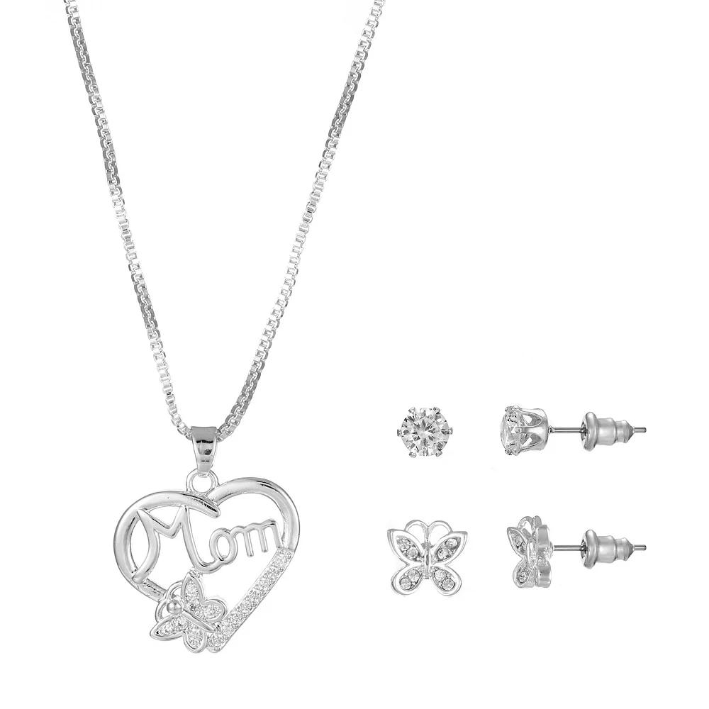 Silver Tone Cubic Zirconia "Mom" Heart Pendant Necklace & Stud Earrings Duo Set, Women's Product Image