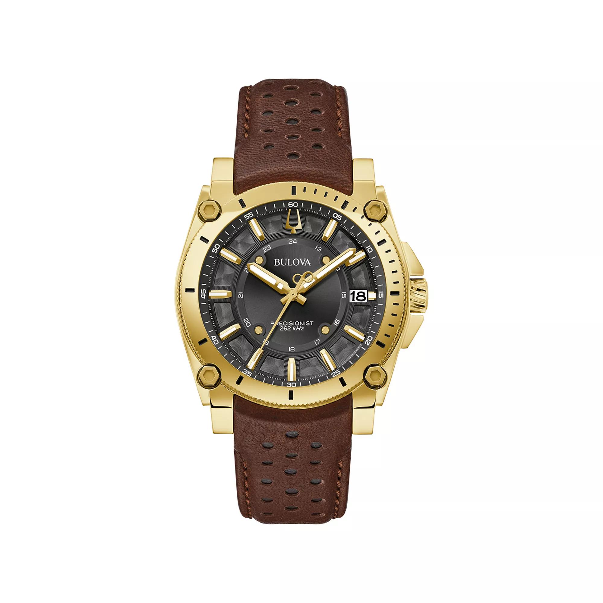 Bulova Mens Icon Precisionist Gold Tone Stainless Steel Brown Leather Strap Watch - 97B216 Black Product Image