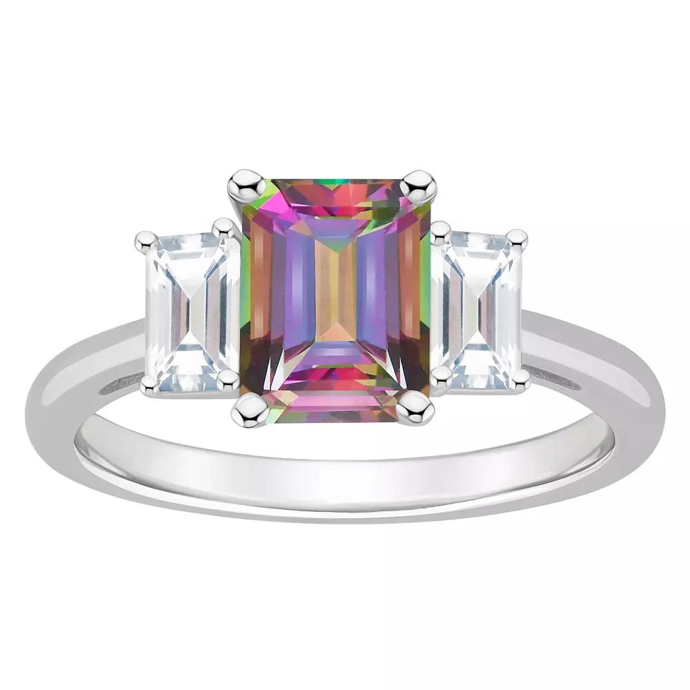 Alyson Layne Sterling Silver Emerald Cut Mystic Topaz & White Topaz Three-Stone Ring, Women's, Size: 5 Product Image