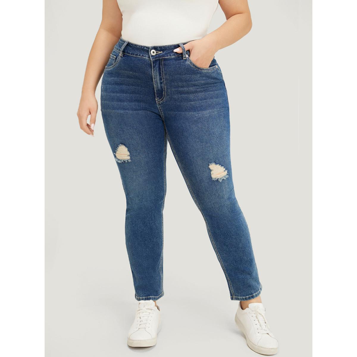 Plus Size Straight Leg Very Stretchy High Rise Medium Wash Jeans Women Indigo Casual Plain Distressed High stretch Pocket Jeans BloomChic 14/1X Product Image