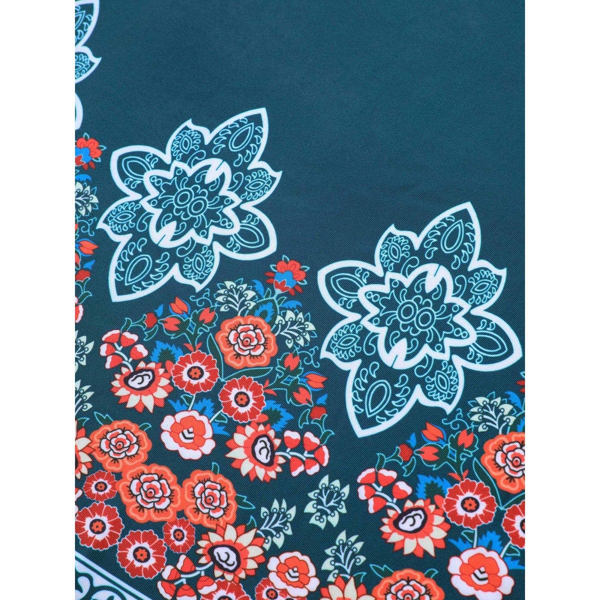 Plus Size Boho Print Surplice Neck Adjustable Swim Dress Women's Swimwear Cyan Beach Bodycon Overlap Collar High stretch Curve Swim Dresses BloomChic 28/5X Product Image