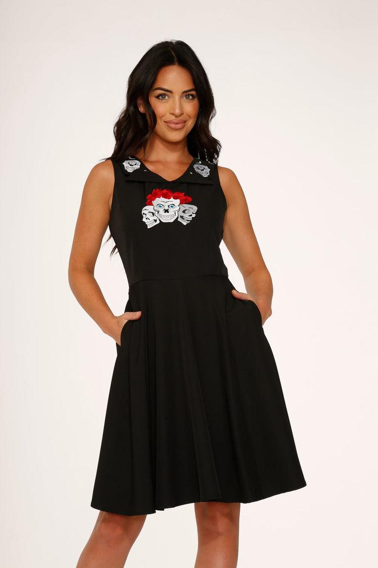 Rose Skulls Embroider Swing Dress Product Image