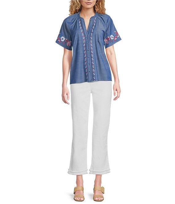 Calessa Embroidered Split V-Neck Short Sleeve Button Front Tunic Product Image