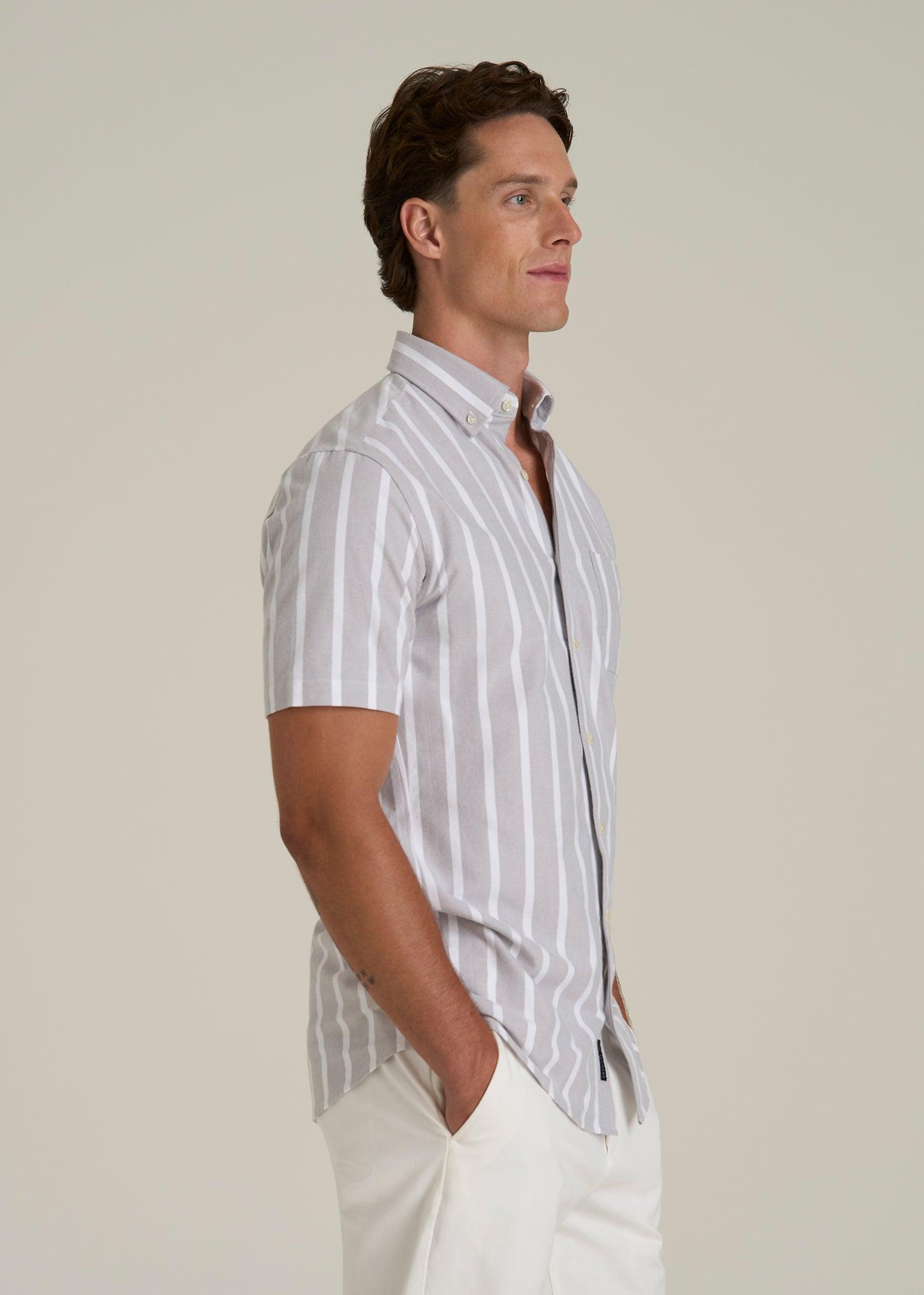 Short Sleeve Oxford Button Shirt For Tall Men in Bold Grey Stripe Male Product Image