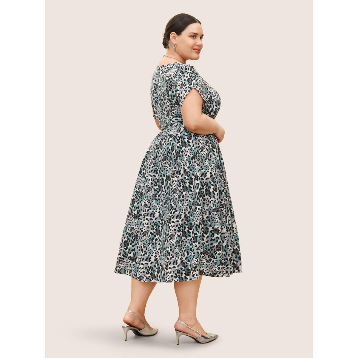Plus Size Leopard Print Petal Sleeve Belted Dress Teal Women At the Office Belted Round Neck Short sleeve Curvy BloomChic 18-20/2X Product Image