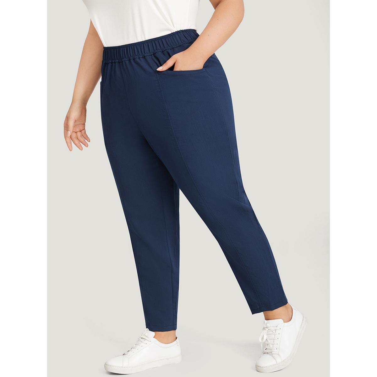 Plus Size Solid Elastic Waist Pocket High Rise Pants Women Indigo Casual High Rise Dailywear Pants BloomChic 18-20/2X Product Image