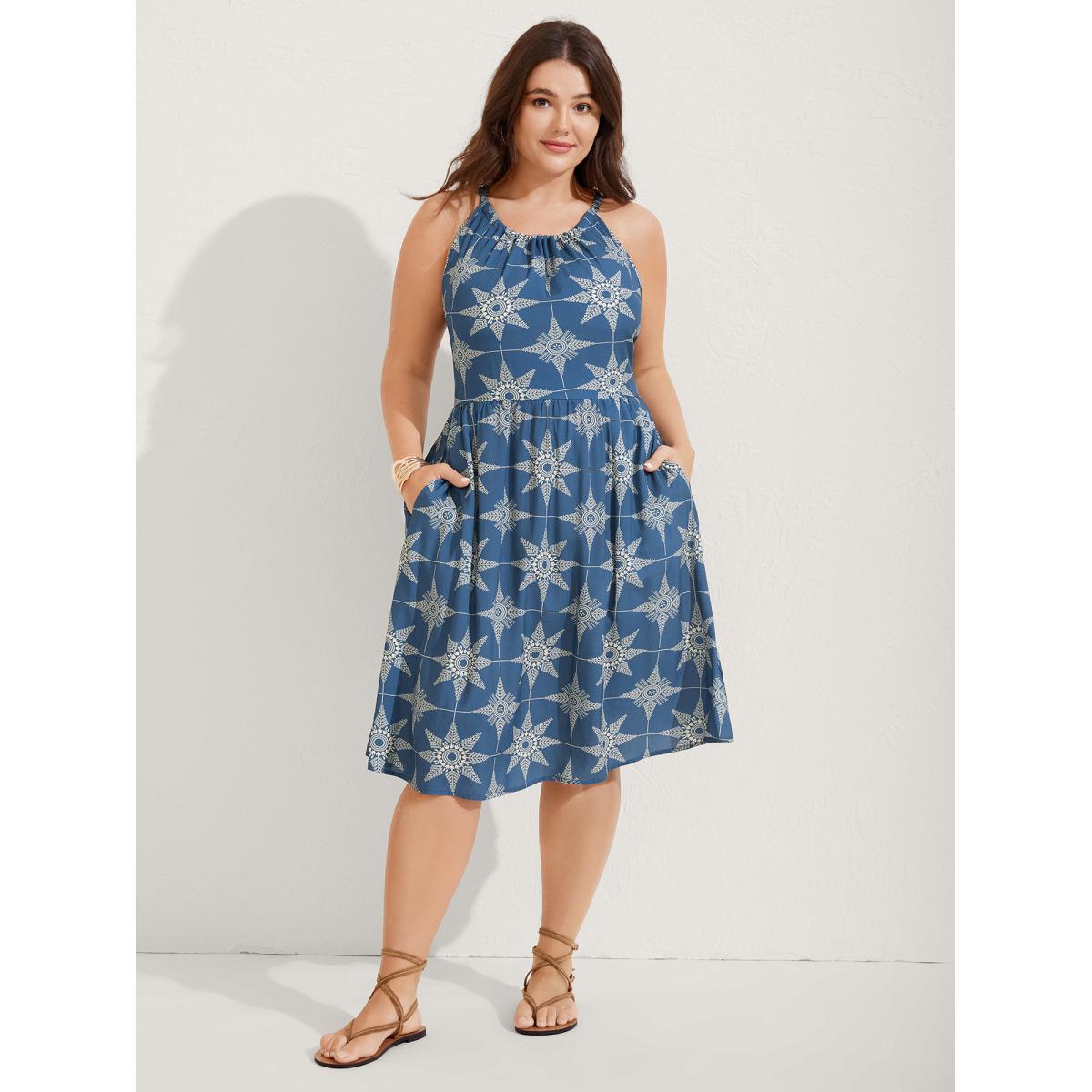 Plus Size Starry Print Sleeveless Pockets Midi Dress Mediumblue Women Boho Round Neck Sleeveless Curvy BloomChic 22-24/3X Product Image