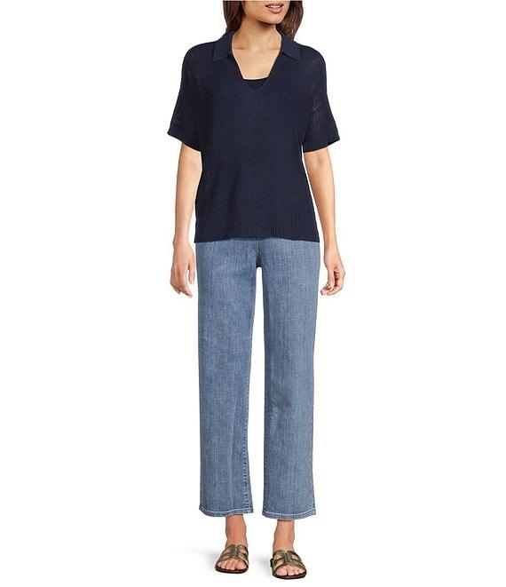 Eileen Fisher Organic Cotton Blend Open Weave Collar V-Neck Short Sleeve Top Product Image
