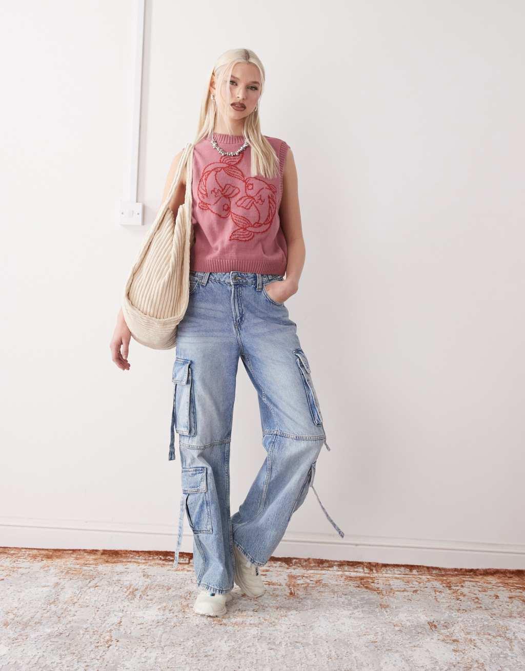 Reclaimed Vintage knit tank with fish print in pink Product Image