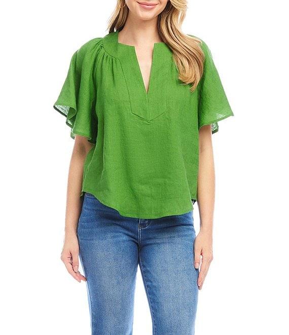 Karen Kane Linen Split V-Neck Short Flutter Sleeve Top Product Image