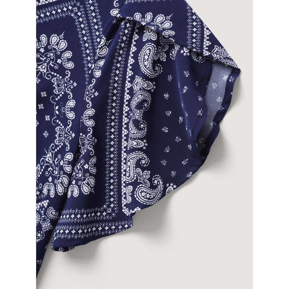 Plus Size Paisley Print Waist Drawstring Midi Dress Navy Women Boho Petal edge V-neck Short sleeve Curvy BloomChic 18-20/2X Product Image