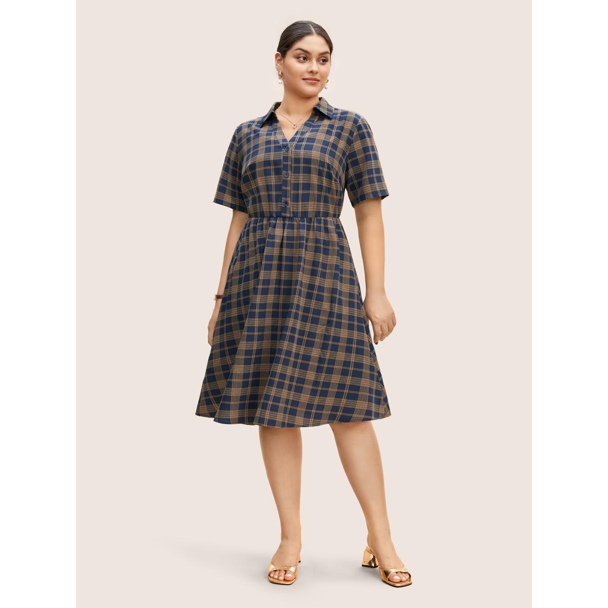 Plus Size Plaid Button Up Elastic Waist Pocket Dress DarkBlue Women At the Office Button Shirt collar Short sleeve Curvy BloomChic 10/M Product Image