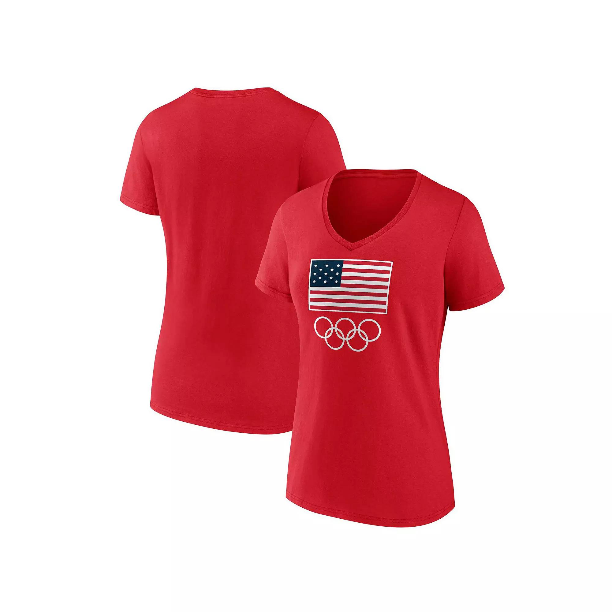 Women's Fanatics Red Team USA Flag and Rings V-Neck T-Shirt,  Product Image