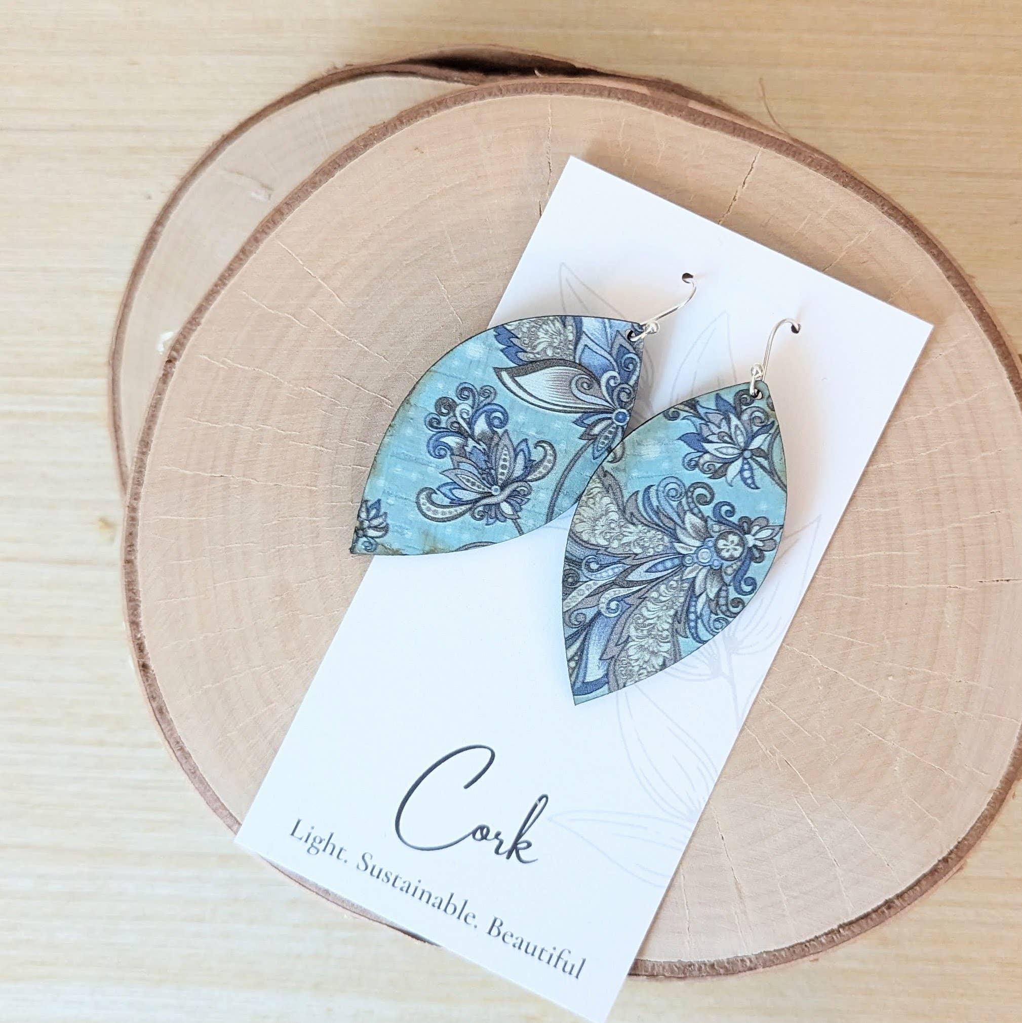 Olive and Teal Floral Cork Earrings - Leaf: Sterling Silver Product Image