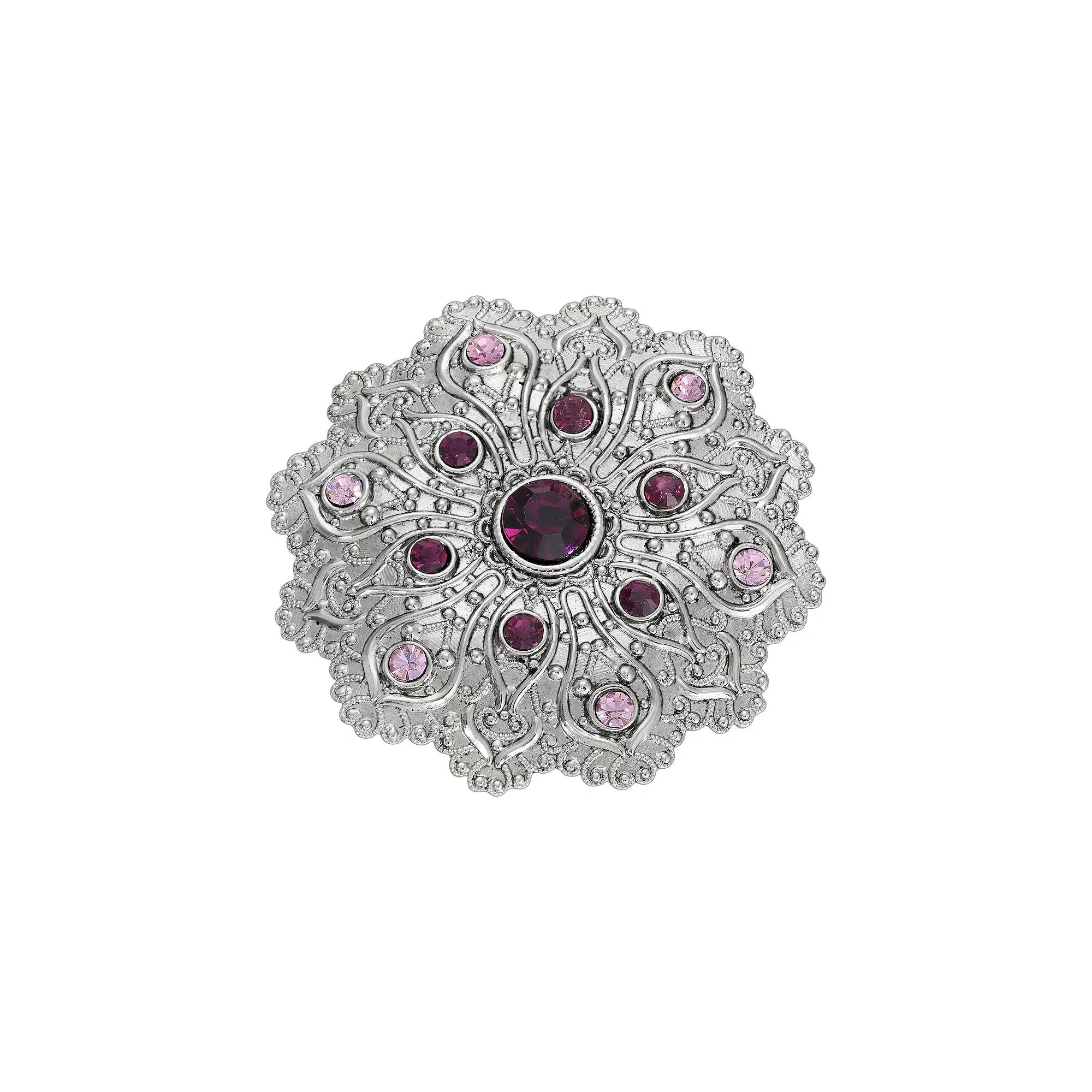 1928 Silver Tone Flower Crystal Pin, Womens, Purple Product Image