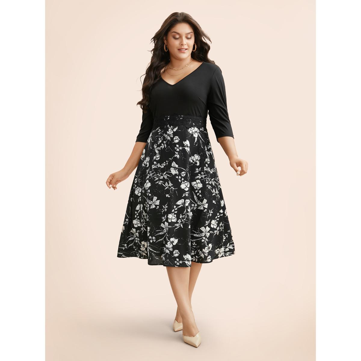 Plus Size Floral Patchwork Lace Trim Midi Dress Black Women Elegant Woven ribbon&lace trim V-neck Elbow-length sleeve Curvy BloomChic 14-16/1X Product Image