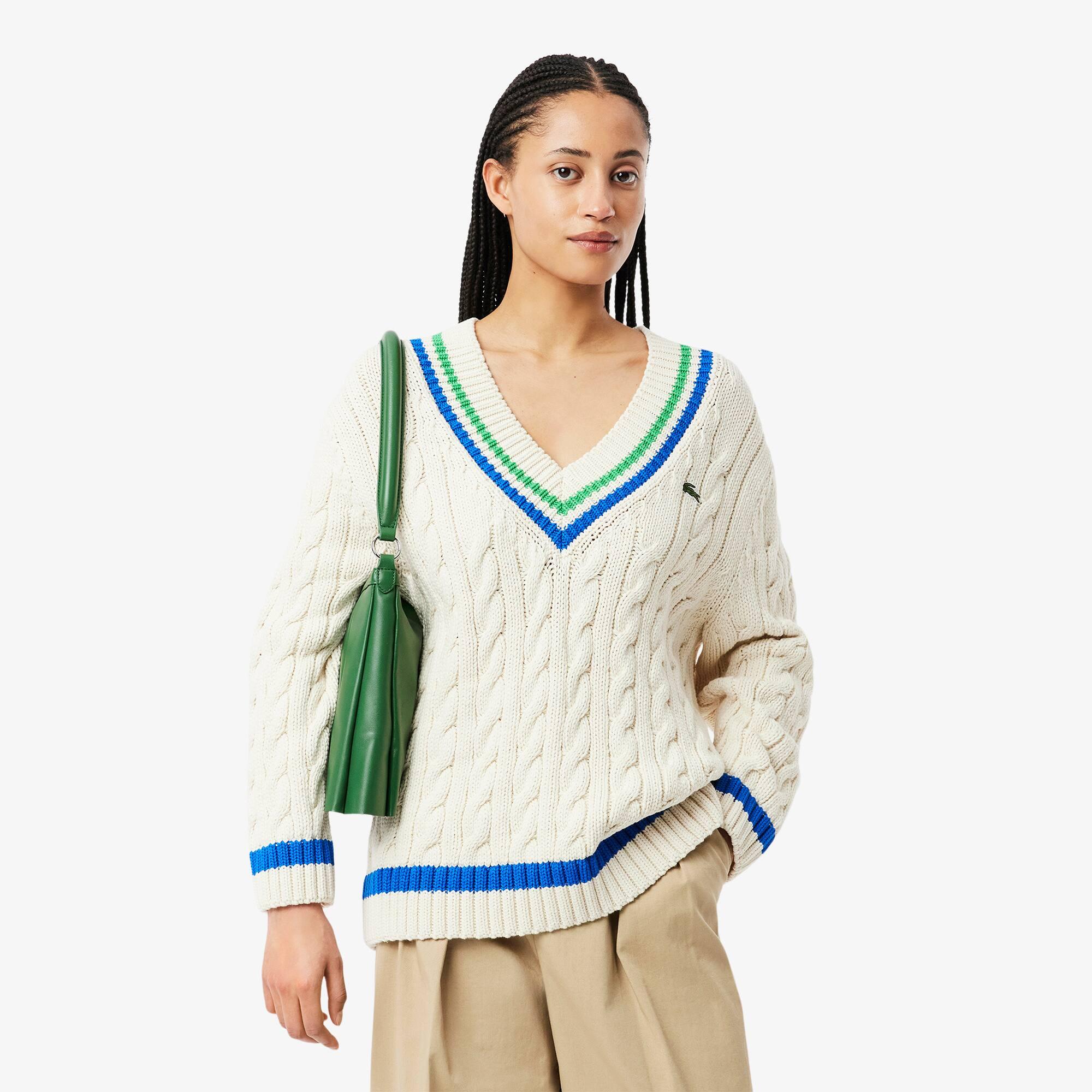 V Neck Cable Knit Cotton Tennis Sweater Product Image