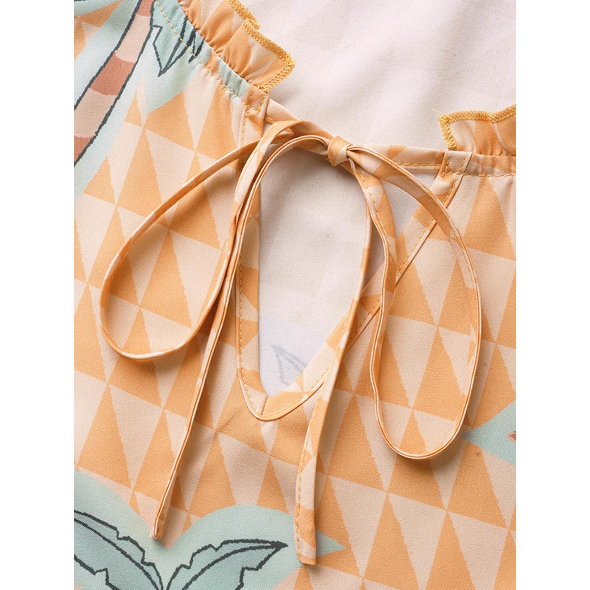 Plus Size Tropical Print Tie Knot Ruffle Cap Sleeve Dress Lightorange Women Resort Tie knot Round Neck Cap Sleeve Curvy BloomChic 30/6X Product Image