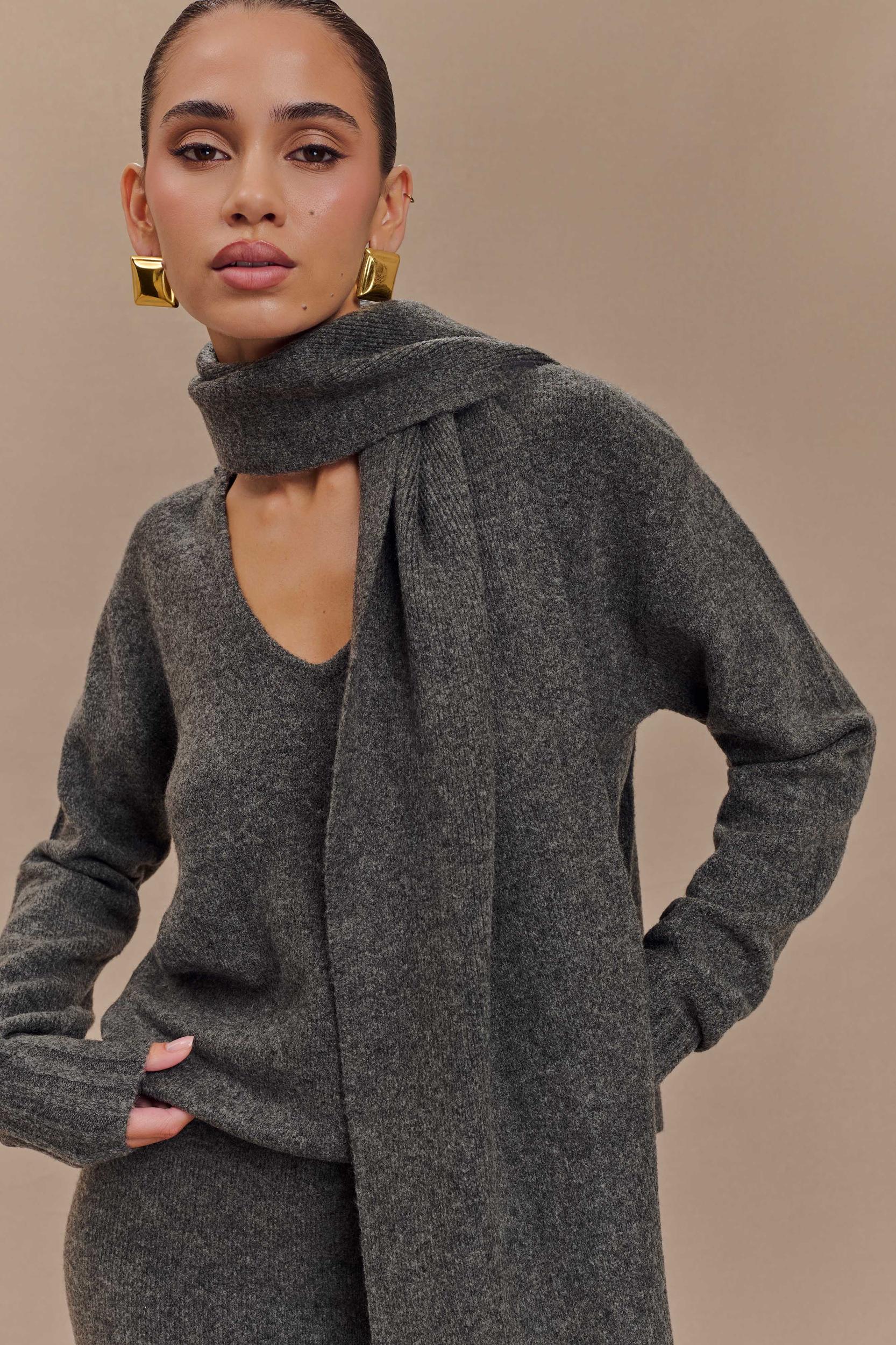 Ella V Neck Knit Jumper With Scarf - Charcoal Marle Product Image