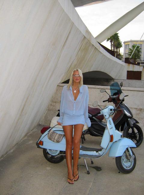 Moonrising Long Sleeve Sheer Blouson Mini Dress Blue Product Image