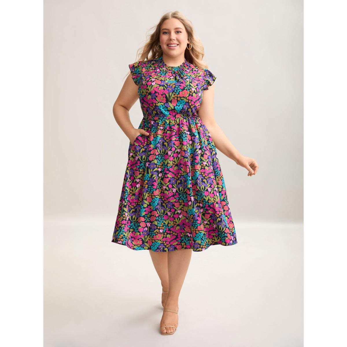 Plus Size Floral Print Shirred Pockets Midi Dress Indigo Women Romantic Frill Trim Mock Neck Cap Sleeve Curvy BloomChic 28/5X Product Image
